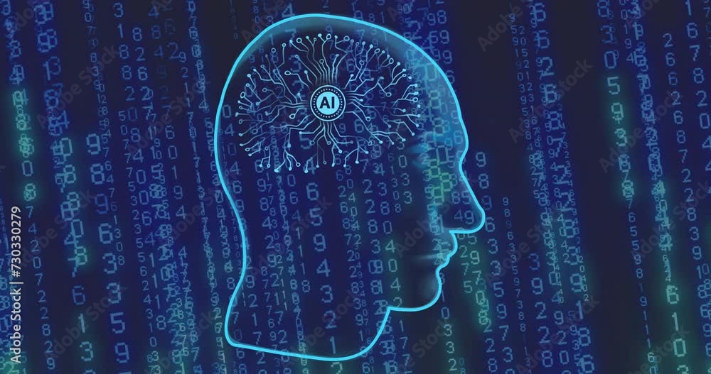 Poster animation of human head and ai data processing over binary coding