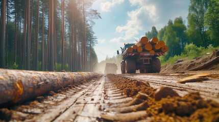 Logging industry everyday routine: heavy machinery - tracks and tractors cutting, transporting huge...