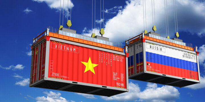 Shipping containers with flags of Vietnam and Russia - 3D illustration