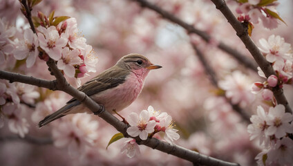 Vogel auf Zweig in blühendem Kirschbaum