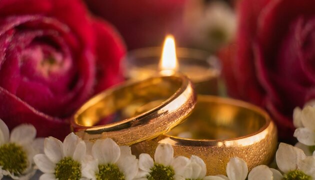 Duas alian&ccedil;as de ouro uma sobre a outra em uma mesa com flores e vela