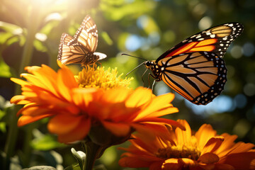 Obraz premium Monarch butterflies on vibrant orange flowers in natural habitat. Wildlife and nature.