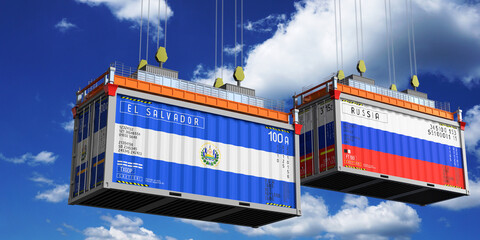 Fototapeta premium Shipping containers with flags of El Salvador and Russia - 3D illustration