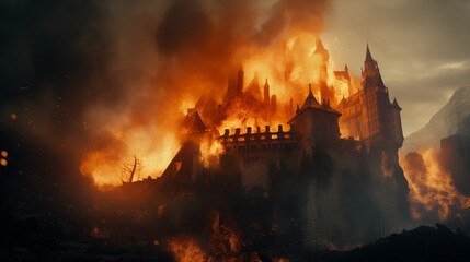 A majestic castle engulfed in flames under a dark sky with a landscape in the background