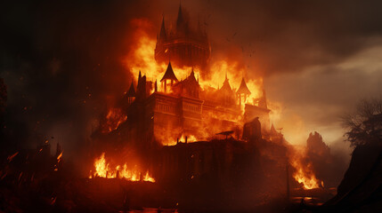 Medieval castle on fire at night, consumed by flames and surrounded by smoke in the turrets. History and wars in ancient times