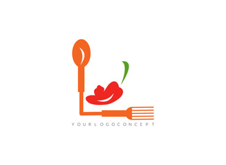 Creative restaurant logo with spoon and fork and chilli  icon, 