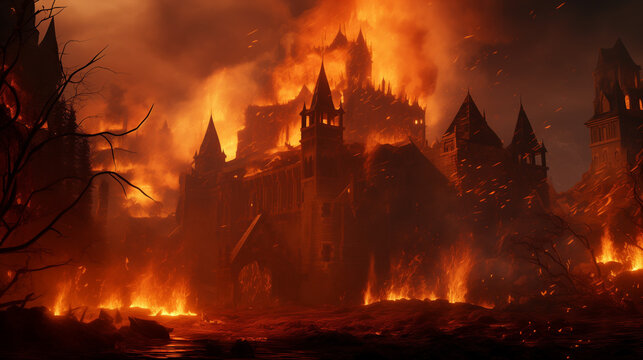 Medieval castle of a feudal lord burning in flames at night. Epic image of siege and war for a wallpaper background.