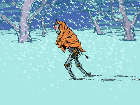 Pop Art Retro A vintage robot walks through the snow in a blanket. A lonely journey through cold obstacles. System software for equipment at a discount in honor of the New Year.