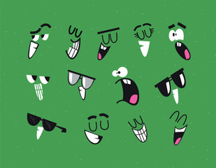 Emotion smile faces drawing in cartoon style on green background