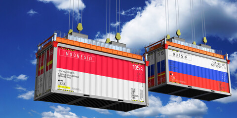 Shipping containers with flags of Indonesia and Russia - 3D illustration