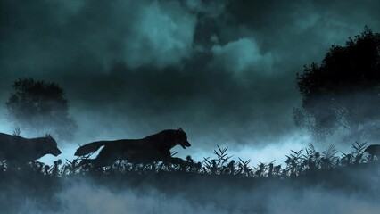 Wolves Running in a Lightning Storm 4K Loop features silhouettes of wolves running through a field of grass with a lightning storm in the background in a loop. - Powered by Adobe