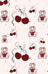 Seamless pattern with various cartoon cherries and bears.Valentine's day background.Vector illustration.