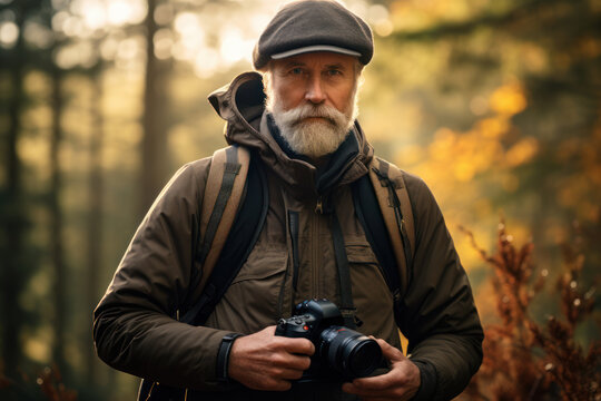 Senior photographer with camera in autumn forest. Adventure and exploration.