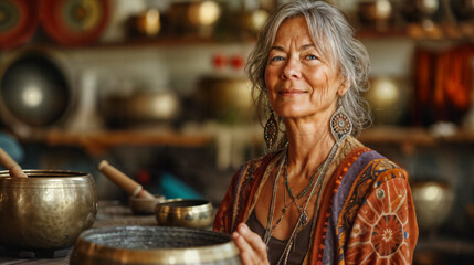 Senior Woman with Tibetan Singing Bowls. Generative AI