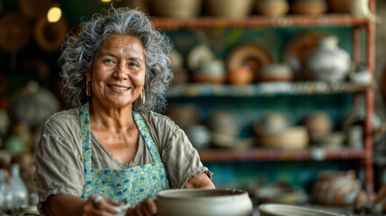 Senior Woman Crafting Pottery. Generative AI