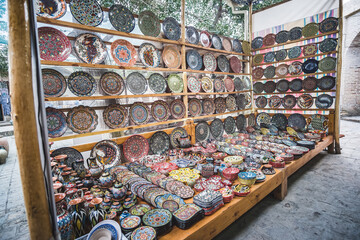 Decorative souvenirs in oriental style in the ancient city of Bukhara in Uzbekistan