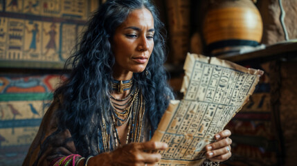 Woman Reading Ancient Egyptian Papyrus. Generative AI
