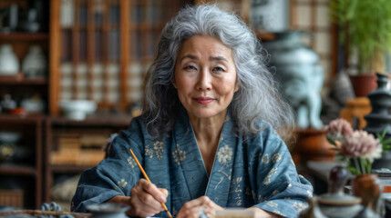 Mature Asian Woman Painting Ceramics. Generative AI - obrazy, fototapety, plakaty