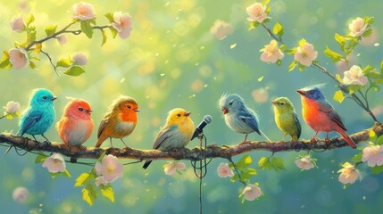 cute birds i with microphone on the tree singing songs.,spring concept - obrazy, fototapety, plakaty