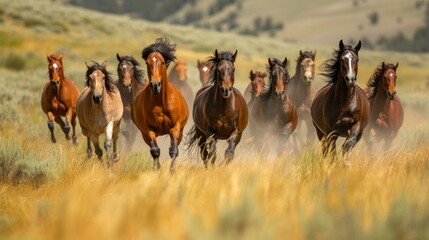 A herd of wild horses gallops freely across a sweeping, untouched landscape