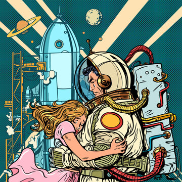 Pop Art Retro An astronaut says goodbye to his beloved against the backdrop of a space rocket launch. Love overcomes all boundaries and all trials. Work requires sacrifice.