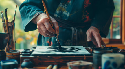 Hands, brush in ink for writing and Japanese calligraphy or ancient script for art and inkstone....