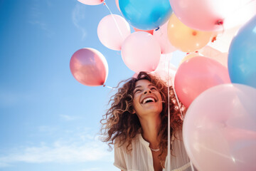 Joyful woman with balloons enjoying summer sunshine. Happiness and freedom. - Powered by Adobe