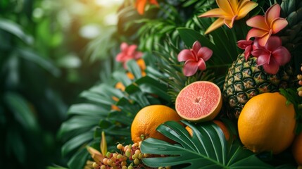 A burst of tropical foliage and vibrant fruits set the stage for a lively, exotic celebration