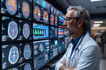 senior doctor looking at x-ray image of brain in hospital - obrazy, fototapety, plakaty