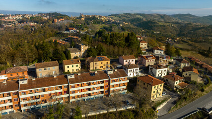 Aerial view on buildings on the outskirts of Urbino, Italy.