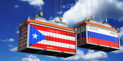 Shipping containers with flags of Puerto Rico and Russia - 3D illustration