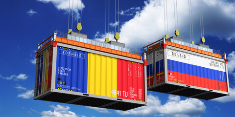 Shipping containers with flags of Romania and Russia - 3D illustration