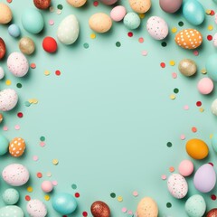 Fototapeta na wymiar Mint background with colorful easter eggs round frame texture