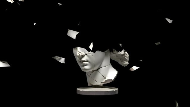 Ancient greek statue woman head falling in pieces. Broken effect animation. Statue of a greek man on a black background isolated 4k