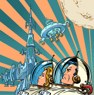 Pop Art Retro Astronauts look together at a space station in orbit around the moon. The desire for human exploration of the galaxy. Co-organization in building the foundation for future generations.