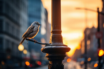 Sparrow perched on urban lamppost at sunset. Urban wildlife and tranquility.
