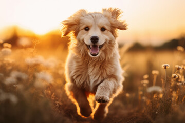 Fototapeta premium Joyful golden retriever running through field at sunset. Pet happiness and vitality.