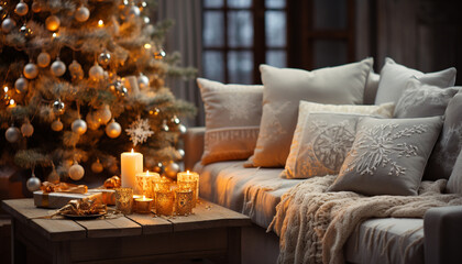 Cozy winter bedroom  illuminated tree, modern decor, comfortable pillow generated by AI