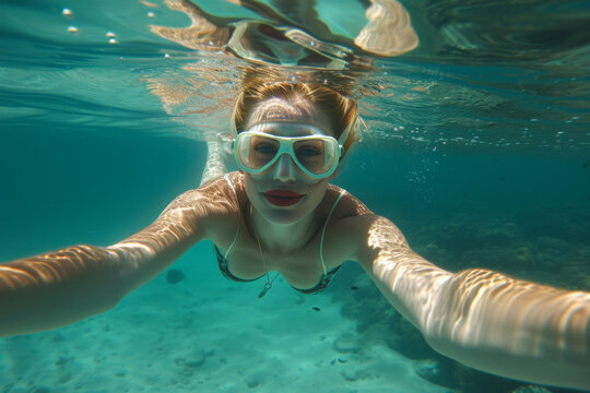 Underwater photo of young woman swimming underwater and taking selfie with