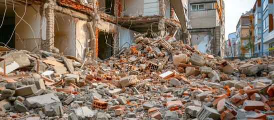 Building demolished, wreckage of house. Debris of concrete, bricks, stones.