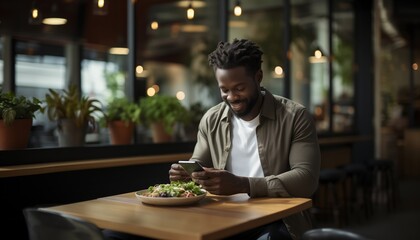Man using diet app on smartphone, calculating calories of his lunch,  Nutrition, Paleo, Diet application concept