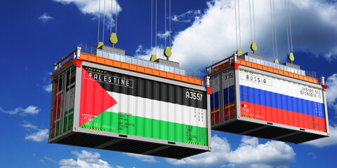 Shipping containers with flags of Palestine and Russia - 3D illustration