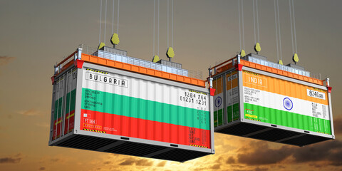 Shipping containers with flags of Bulgaria and India - 3D illustration