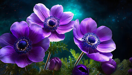 Zawilce, piękne fioletowe kwiaty wiosenne, tapeta. Bukiet kwiatów