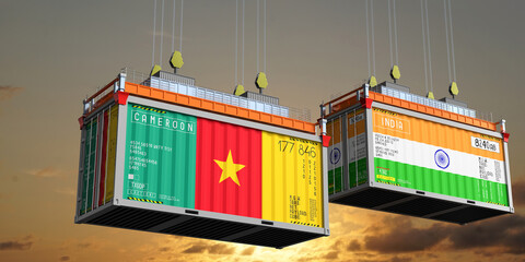 Shipping containers with flags of Cameroon and India - 3D illustration