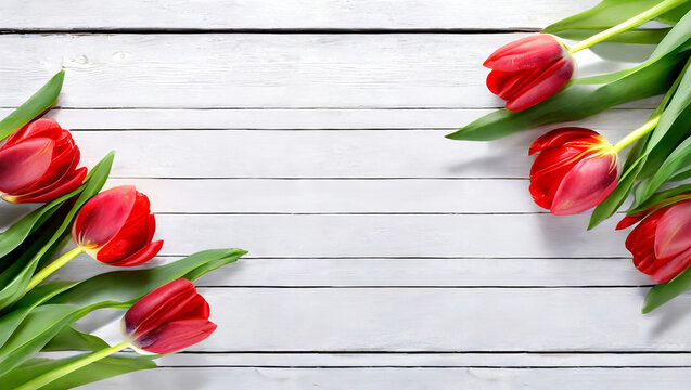 Tulipany, czerwone wiosenne kwiaty na białej desce, puste miejsce