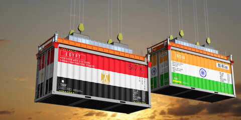 Shipping containers with flags of Egypt and India - 3D illustration