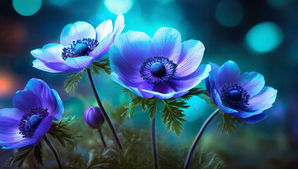 Zawilce,  abstrakcyjne niebieskie kwiaty, wiosenna tapeta