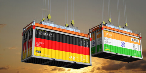 Shipping containers with flags of Germany and India - 3D illustration
