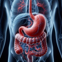 A realistic image of stomach and digestive system, hd, 4k, 3d rendered illustration of a human digestive system